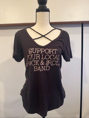 Trunk Ltd Black Crisscross V-Neck 'Support Your Local Rock & Roll Band' Tee